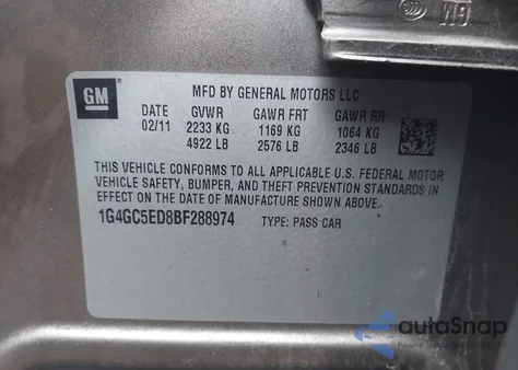 2011 Buick Lacrosse Cxl z USA, uszkodzony, nr VIN 1G4GC5ED8BF288974
